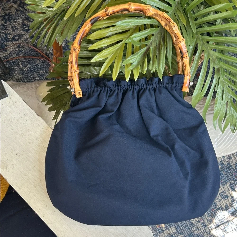Vintage Blue Mushrooms Bag w Bamboo Handles - Picture 5 of 9